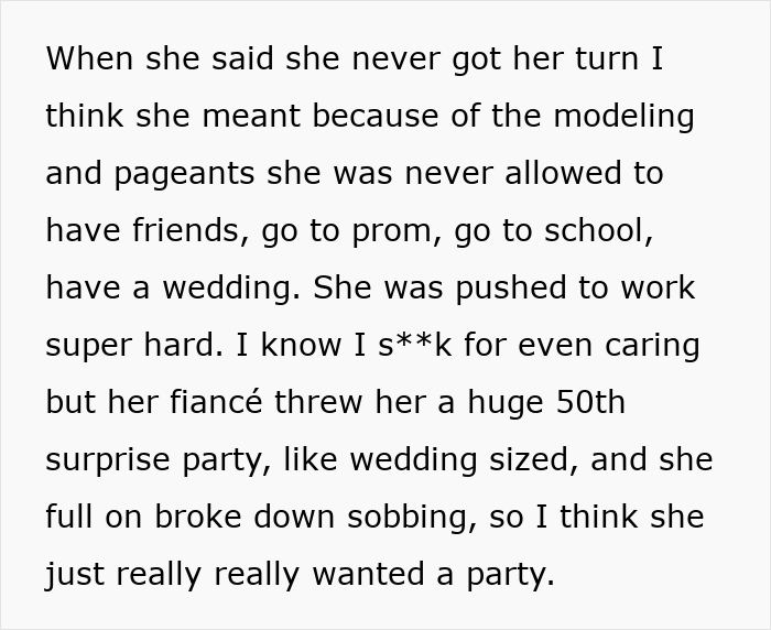 Text explaining MIL missing typical milestones and surprise party in wedding story