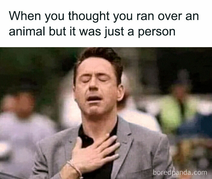 Robert Downey Jr. with eyes closed, hand on chest, in a funny meme about vegans. He looks relieved.
