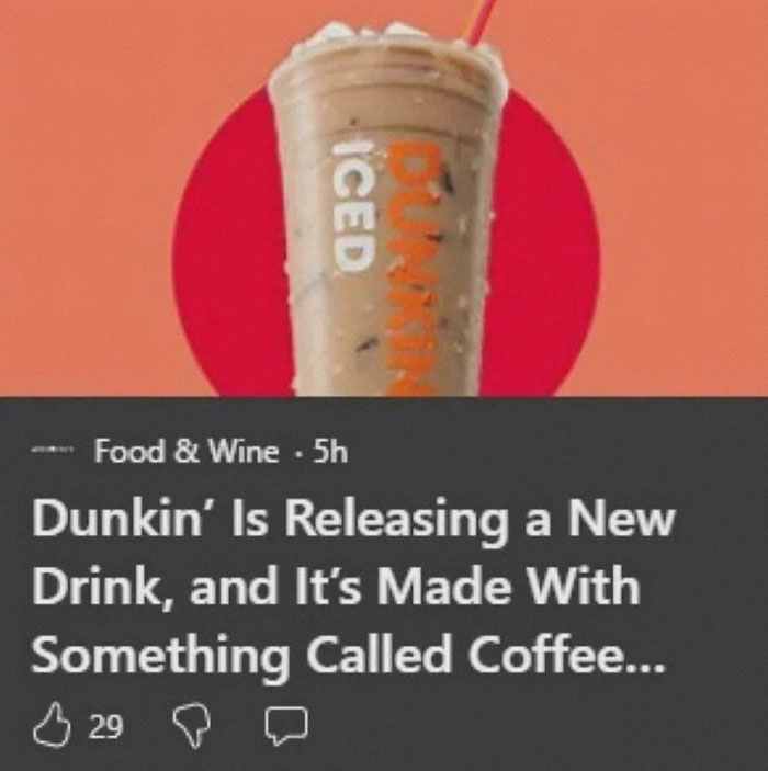 A Dunkin' Iced Coffee drink with a headline, "Dunkin' Is Releasing a New Drink..." illustrating premature truncation.