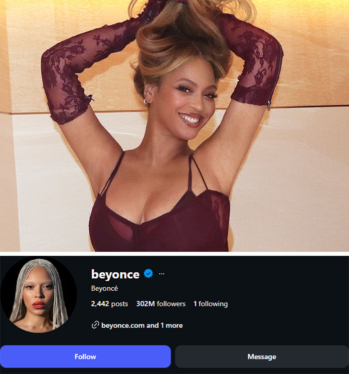 Beyoncé smiling in a maroon top with her Instagram profile showing 302M followers. She is among the celebrities who lost followers.