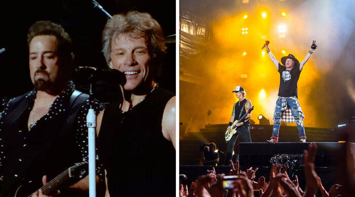 Musicians performing live. Left: two men, one singing. Right: two men, one with arms raised, on a brightly lit stage. Taste in music.