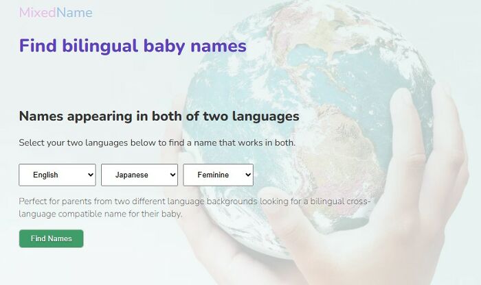 MixedName website screenshot, offering bilingual baby names with English and Japanese options. One of the most interesting websites for parents.