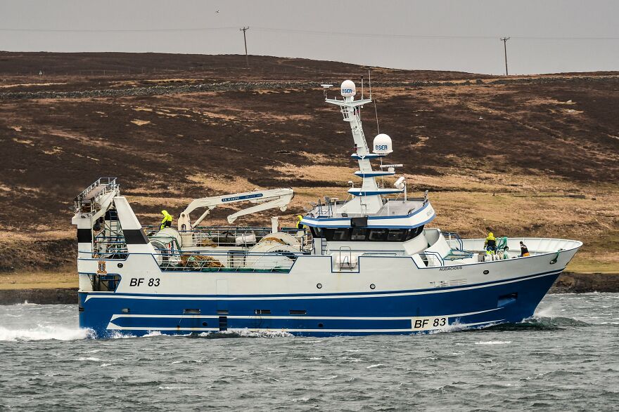 A large blue and white fishing boat sailing through choppy waters, highlighting the stressful jobs often found at sea.