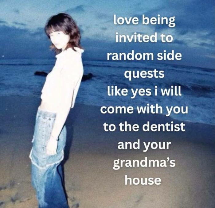 Person by beach with text about loving random side quests meme