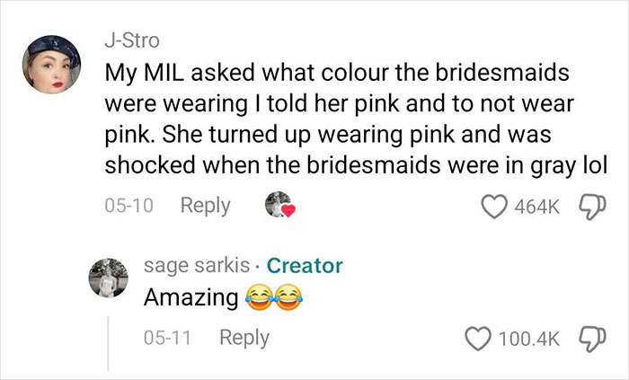 A social media comment about a MIL picking the worst dress to son's wedding by wearing the requested color. A social media comment about a MIL picking the worst dress to son's wedding by wearing the requested color.