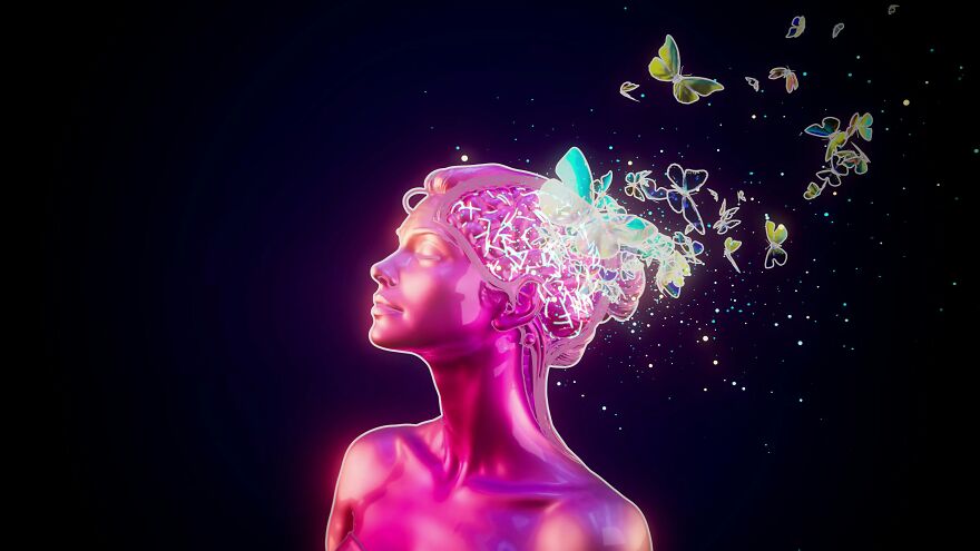 Digital art of a woman with butterflies representing happy crying and joy