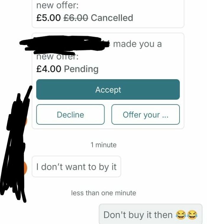 Vinted chat showing buyer saying they don't want to buy an item after making an offer