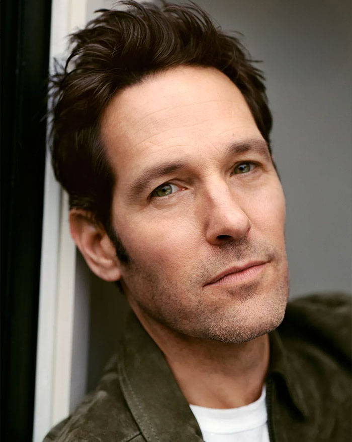 Close up portrait of Paul Rudd highlighting his maintained youthful appearance