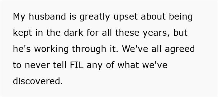 Text from a dark secret, discussing a husband's upset and the decision to conceal newfound information.