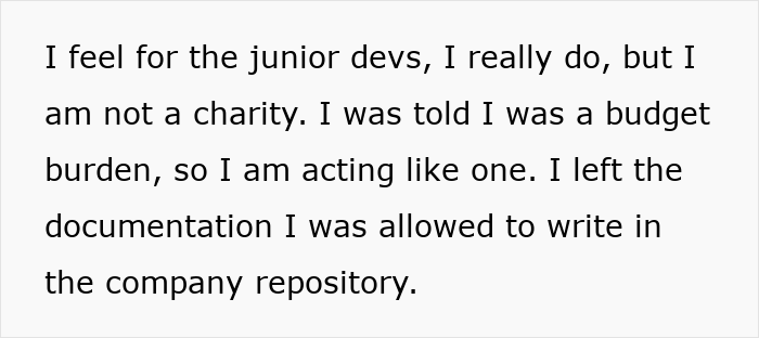 A white background with black text stating, "I was told I was a budget burden, so I am acting like one." This reflects the developer's experience.