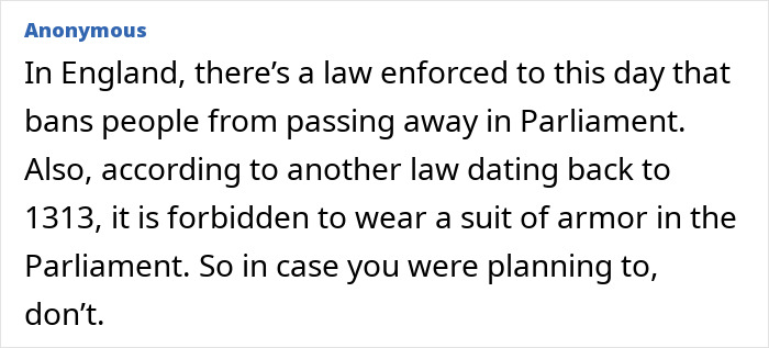 England law bans wearing armor and dying in Parliament