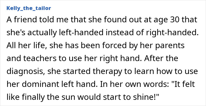 Plot twist of discovering left-handedness after forced right-hand use