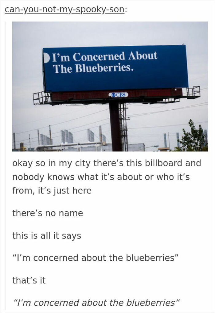Unexplained billboard saying concerned about the blueberries over cityscape
