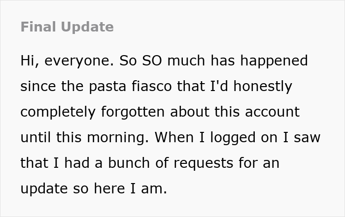 Final update text discussing aftermath of pasta fiasco