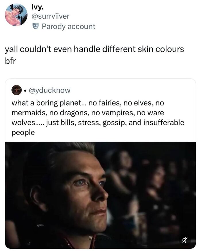 Tweet criticizing lack of fantasy on a boring planet with stressed people