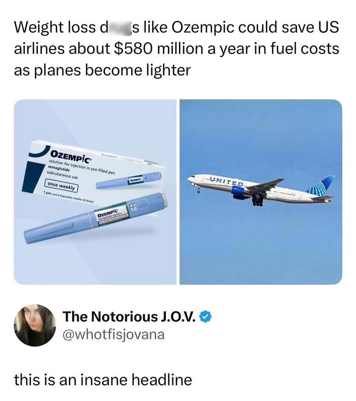Ozempic weight loss d**g and United Airlines airplane representing fuel cost savings
