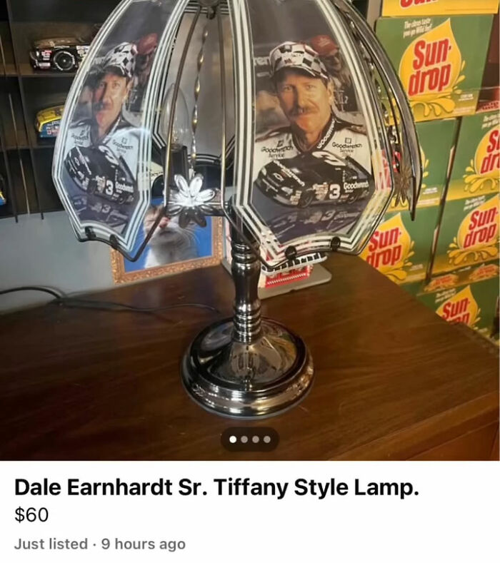 Dale Earnhardt Sr. themed Tiffany style lamp with race car images on a wooden table