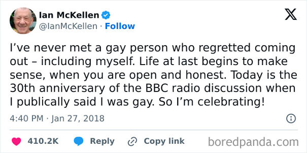 Ian McKellen's tweet about coming out and celebrating honesty, offering positive posts for someone feeling down.