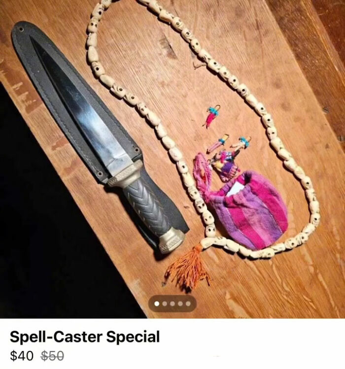 Large knife and skull bead necklace with small cloth pouch
