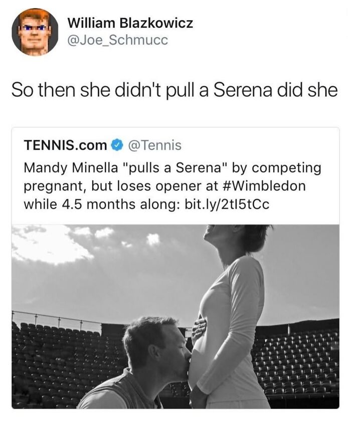 Man kissing pregnant woman's belly with tennis headline about Serena comparison