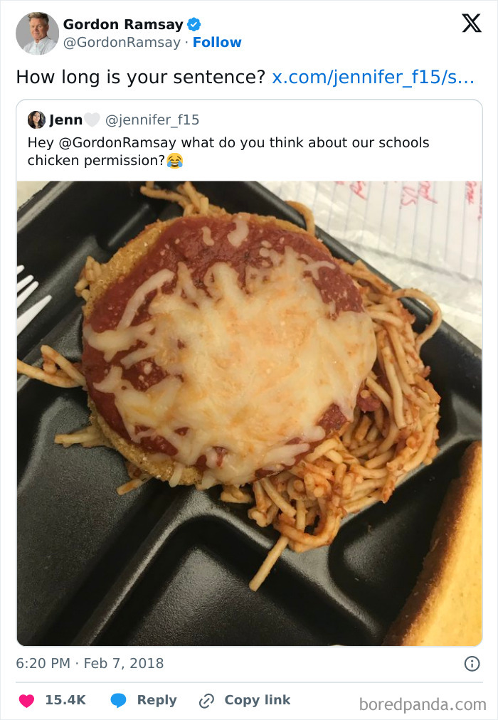 School chicken permission meal with spaghetti and melted cheese in black tray