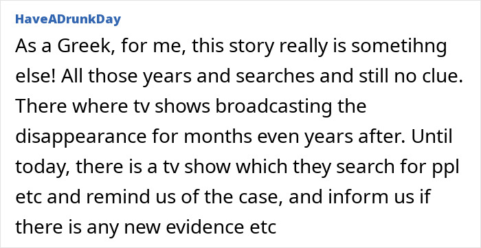 Comment describes ongoing Greek TV shows about missing child case and new evidence