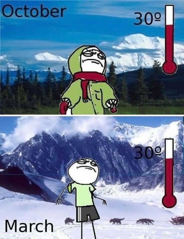 Funny Alaska meme showing a person bundled up in October at 30 degrees and in shorts in March at 30 degrees.