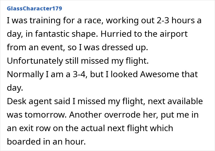 Incident of missed flight resolved quickly due to looking awesome and pretty privilege