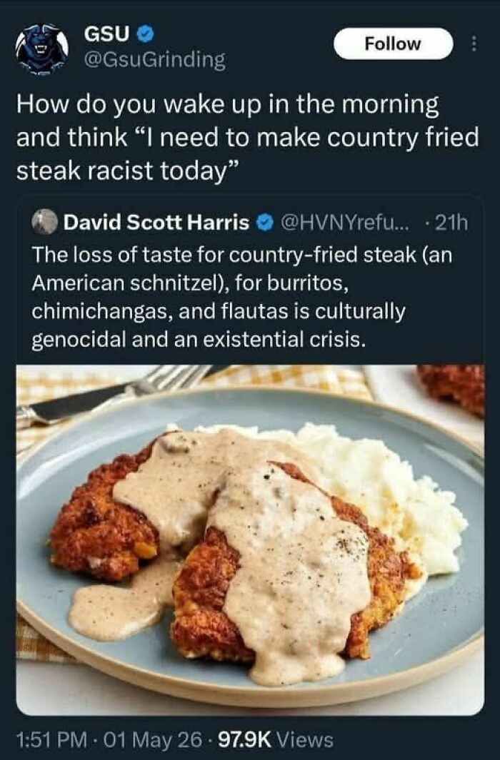 Country fried steak with gravy and mashed potatoes with tweets about its cultural significance