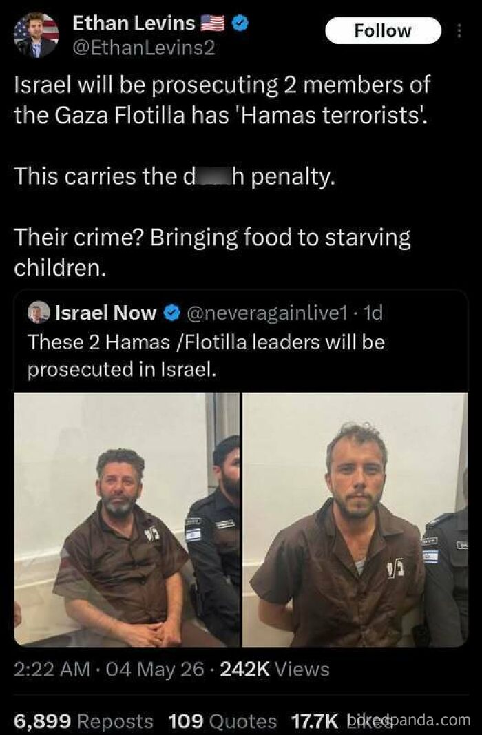 Tweet about Israel prosecuting Gaza Flotilla members as Hamas terrorists and d***h penalty