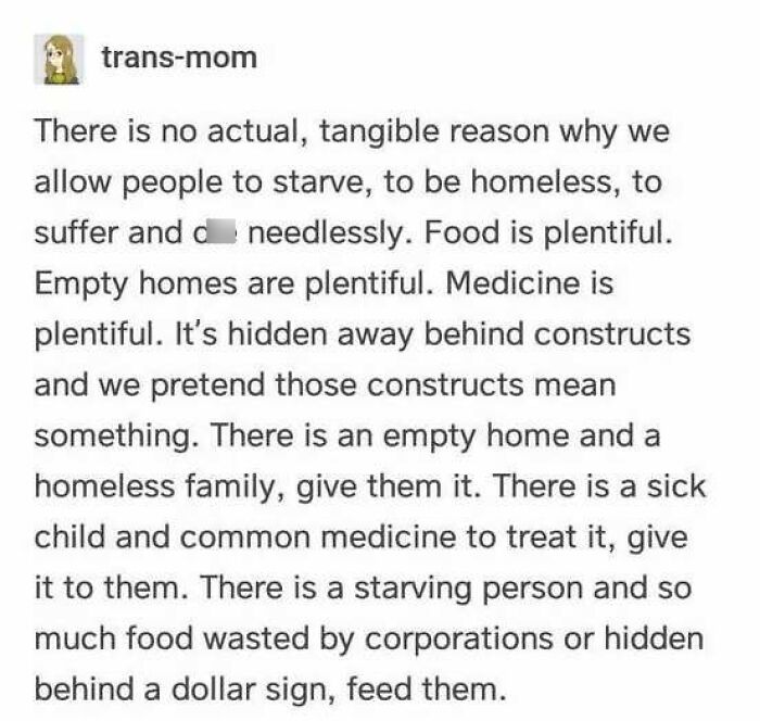 Text about abundance of food and medicines amid homelessness and starvation
