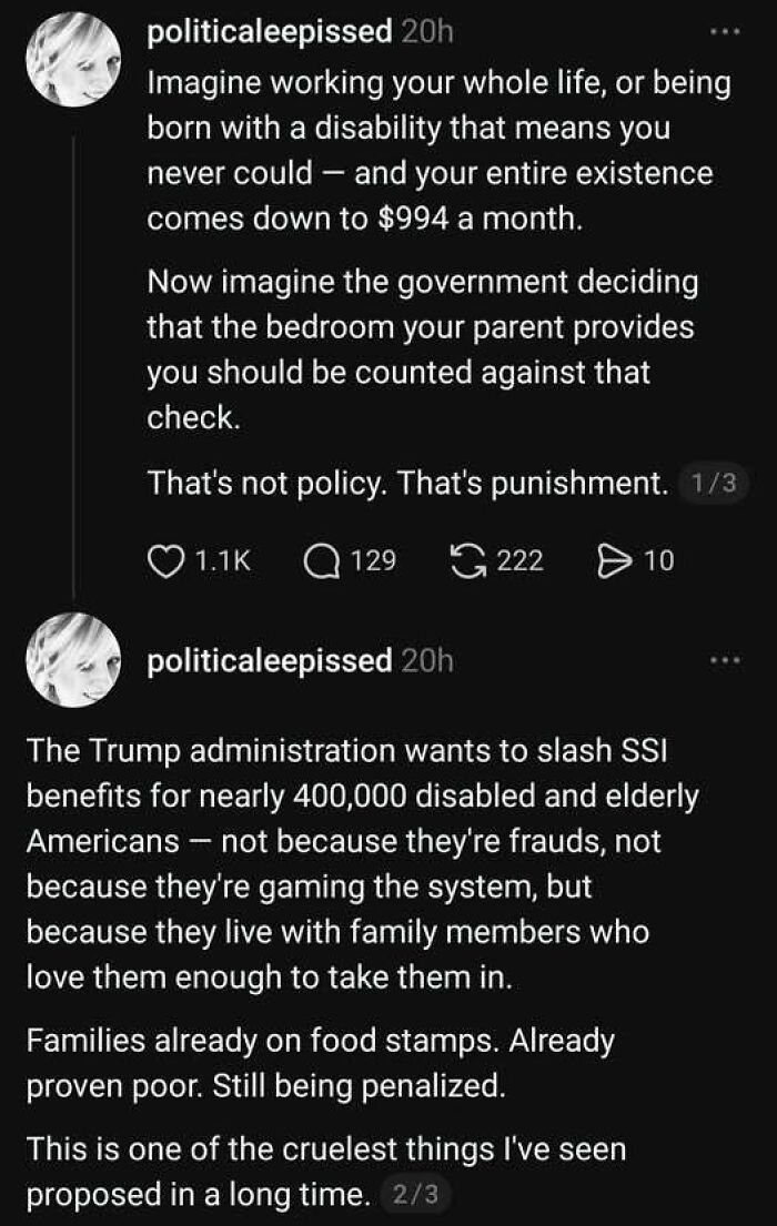 Tweet criticizing government policy on SSI benefits for disabled and elderly Americans