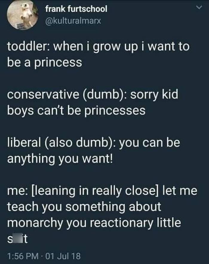 Tweet mocking conservative and liberal views on gender roles and monarchy