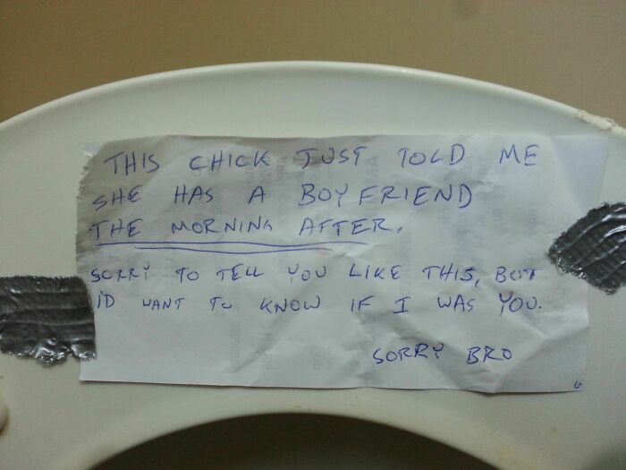 Note taped down warning about a girl having a boyfriend the morning after cheating