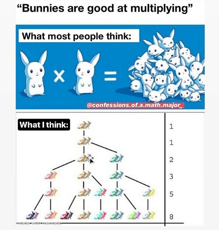 A math meme about bunnies multiplying, showing a large pile of rabbits vs. a complex rabbit family tree for math struggles.