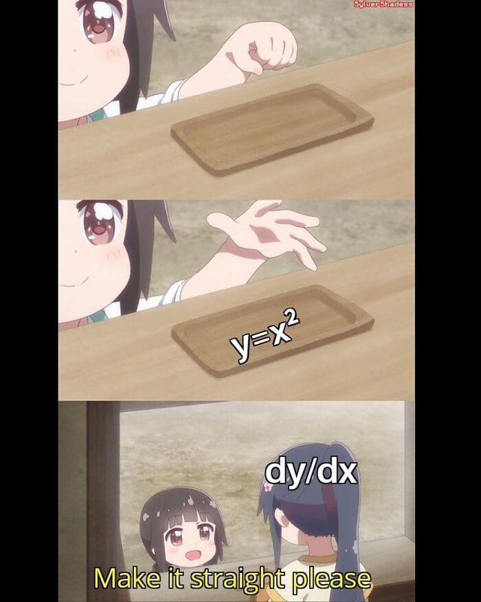 Funny math meme showing a girl asking to "make it straight please" from y=x² to dy/dx. Relatable math struggles.
