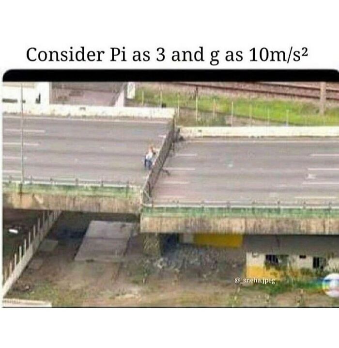 Funny math meme: A broken bridge with a large gap, resembling a math problem simplified to an extreme. This might bring math trauma back.