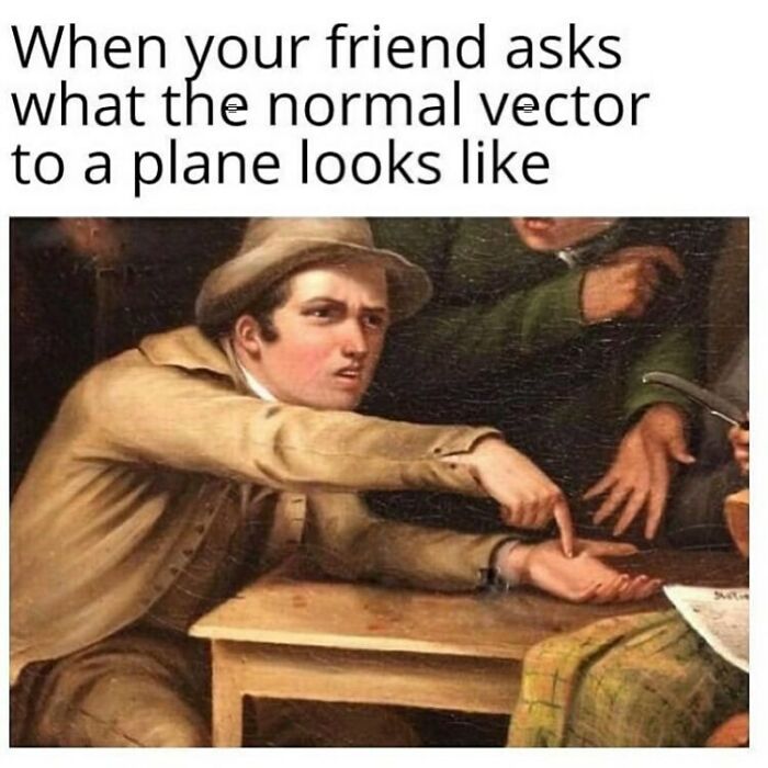 A Renaissance painting meme of a man pointing to his hand with a confused math expression, for funny memes.