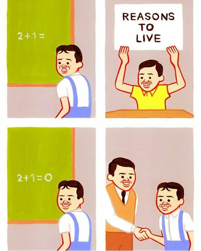 Funny meme about math struggles. A student answers 2+1=0, leading to a teacher's approval. Humor that brings back math trauma.