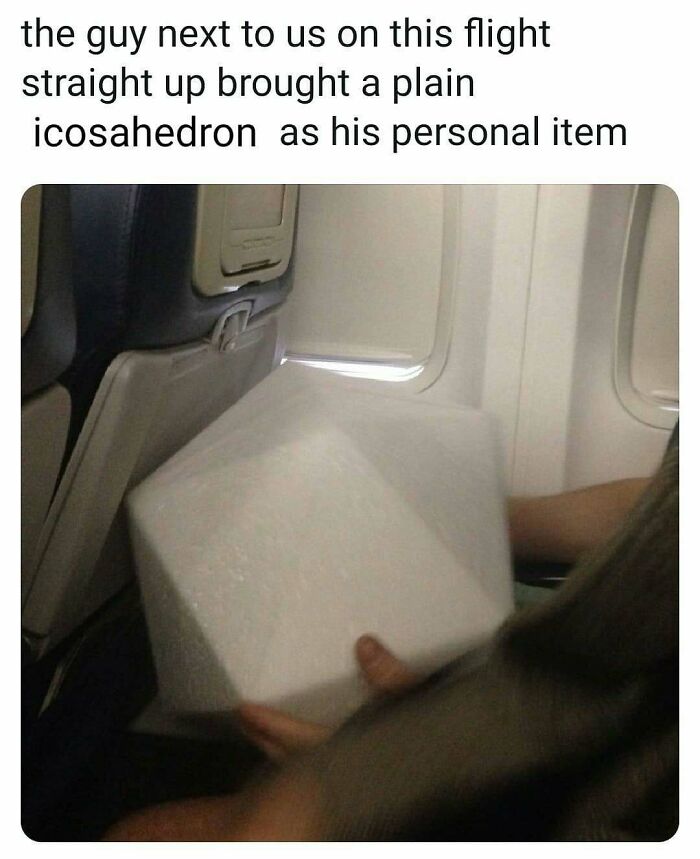 A person on a flight holding a large white icosahedron, a funny math meme that brings back trauma.