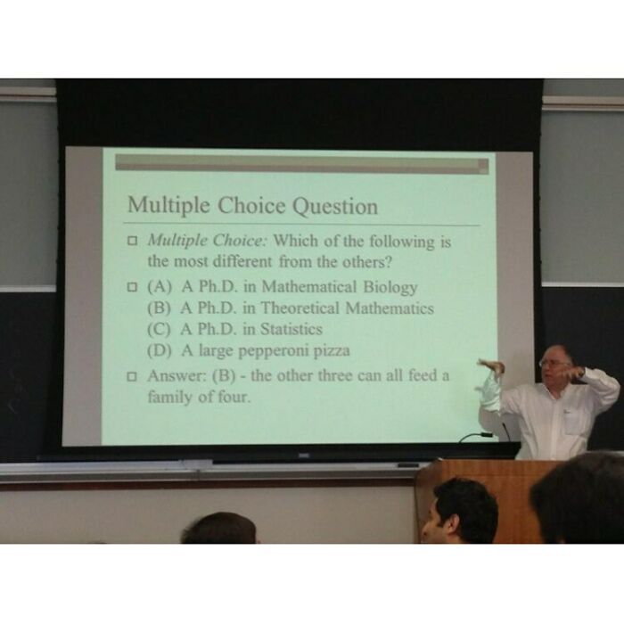 A math professor gestures during a lecture, showing a funny multiple-choice question on a screen. Math memes.