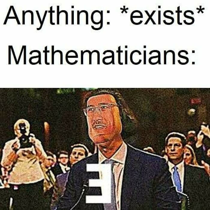 A funny meme about math trauma. A man with a long face and glasses, wearing a suit, speaks at a podium with a large letter E.