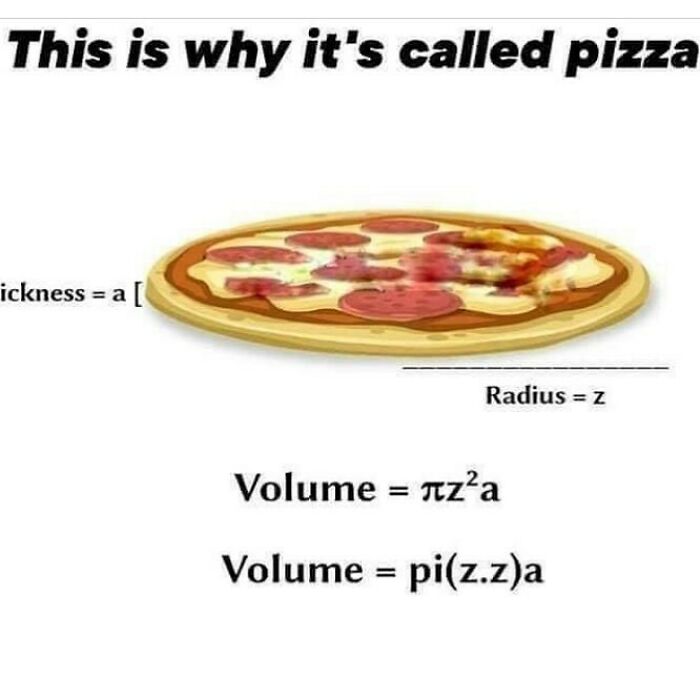 A funny math meme explaining why pizza is called pizza using the volume formula. This might bring math trauma back.