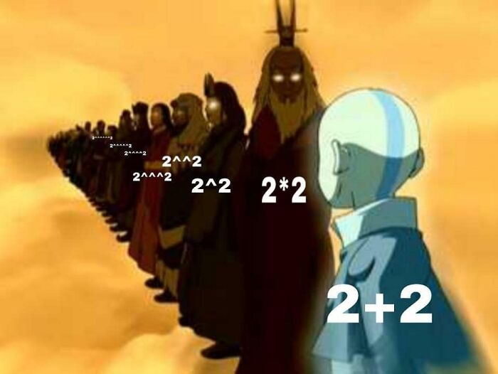 A funny math meme. Aang faces a long line of previous avatars, each representing increasingly complex math problems.