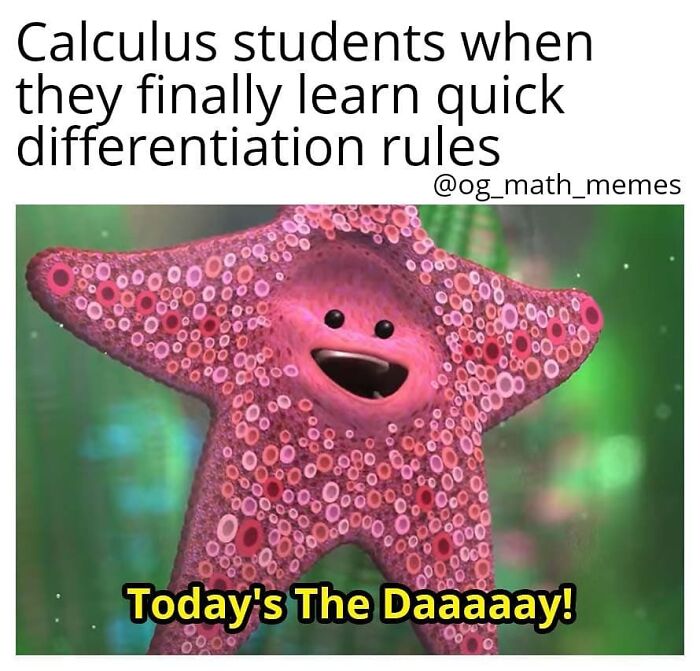 A funny math meme featuring a joyful starfish saying "Today's The Daaaaay!" perfect for math humor.