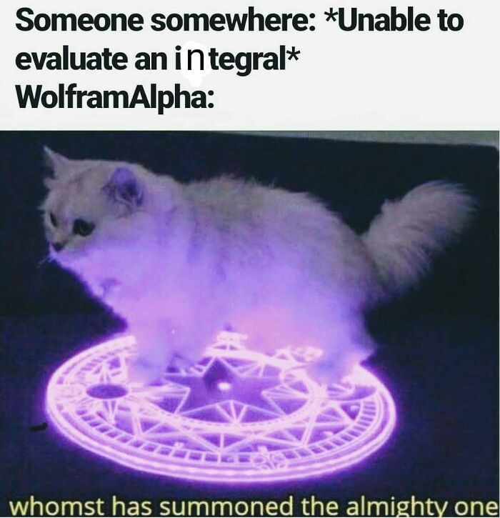 Funny math meme with a cat on a glowing purple summoning circle, representing WolframAlpha solving integrals.