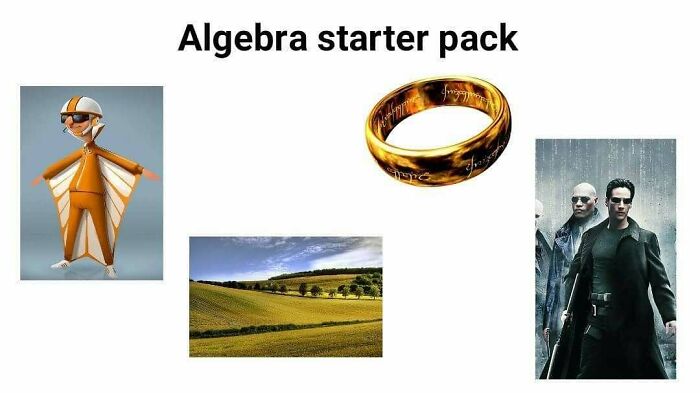 A funny meme about math trauma. It shows images of Vector, The One Ring, a field, and The Matrix characters under the title Algebra starter pack.