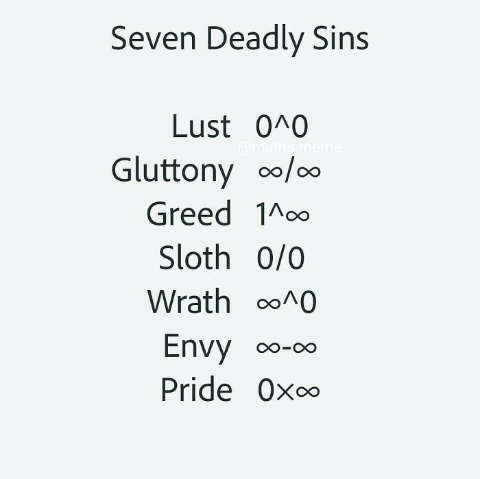 Funny math meme listing Seven Deadly Sins with corresponding indeterminate forms in calculus, evoking math trauma.