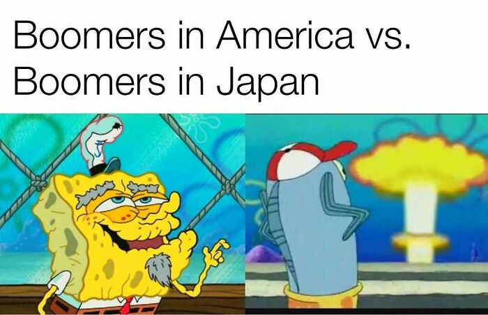 Meme comparing boomers in America versus boomers in Japan with cartoon characters