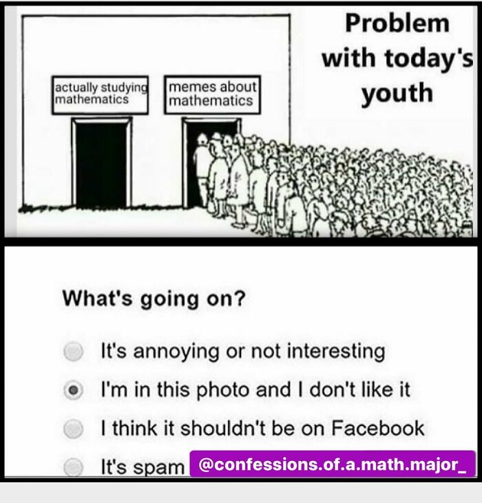 Funny math memes showing a crowd opting for memes over studying mathematics, with the caption What's going on?